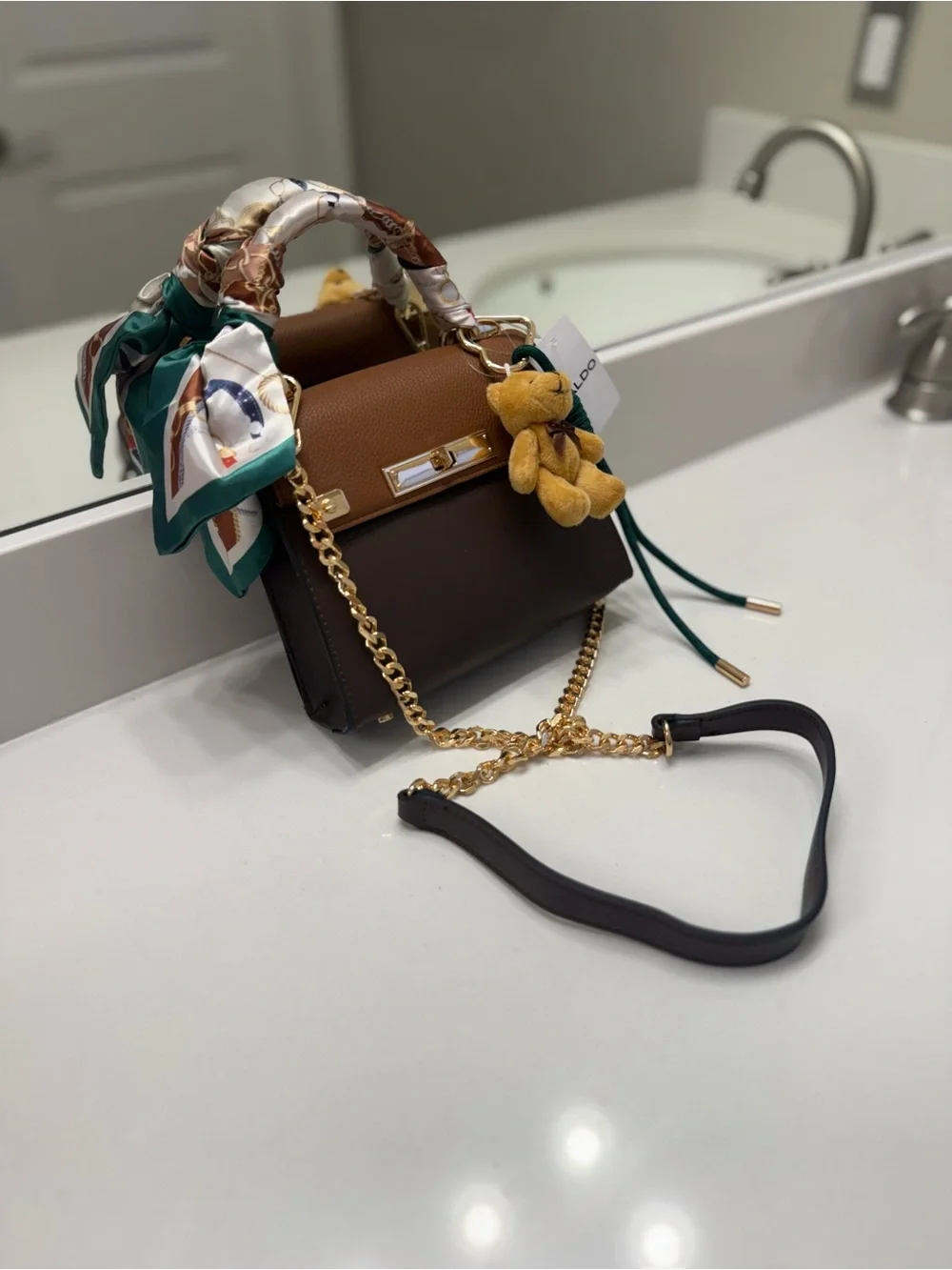 Aldo Two-Tone Brown Satchel with Gold Chain and Scarf Handle 🧸 NWT 🧸